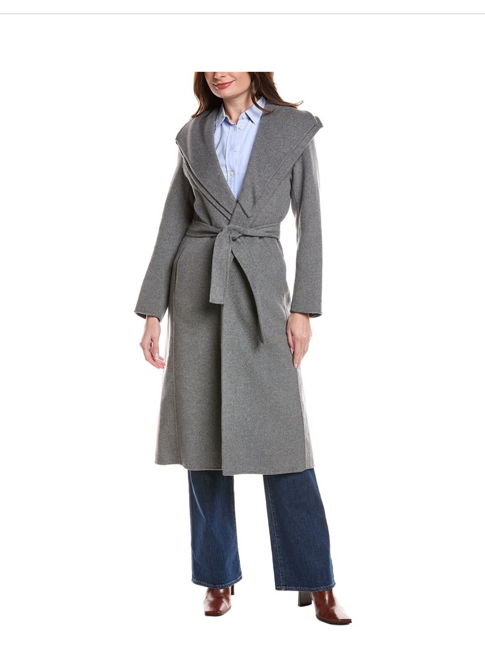 Tahari Gray Belted Long Wool-Blend Coat
